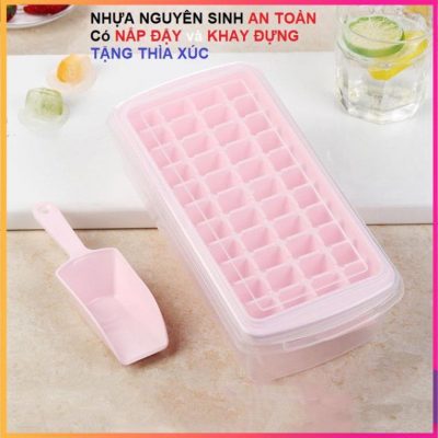 Khay làm đá tủ lạnh 44 viên - Nhựa nguyên sinh an toàn - có Nắp đậy và Thìa xúc